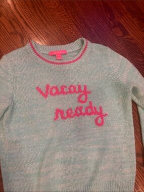 Lilly Pulitzer Aqua Crewneck Sweater with Pink "Vacay Ready" Script